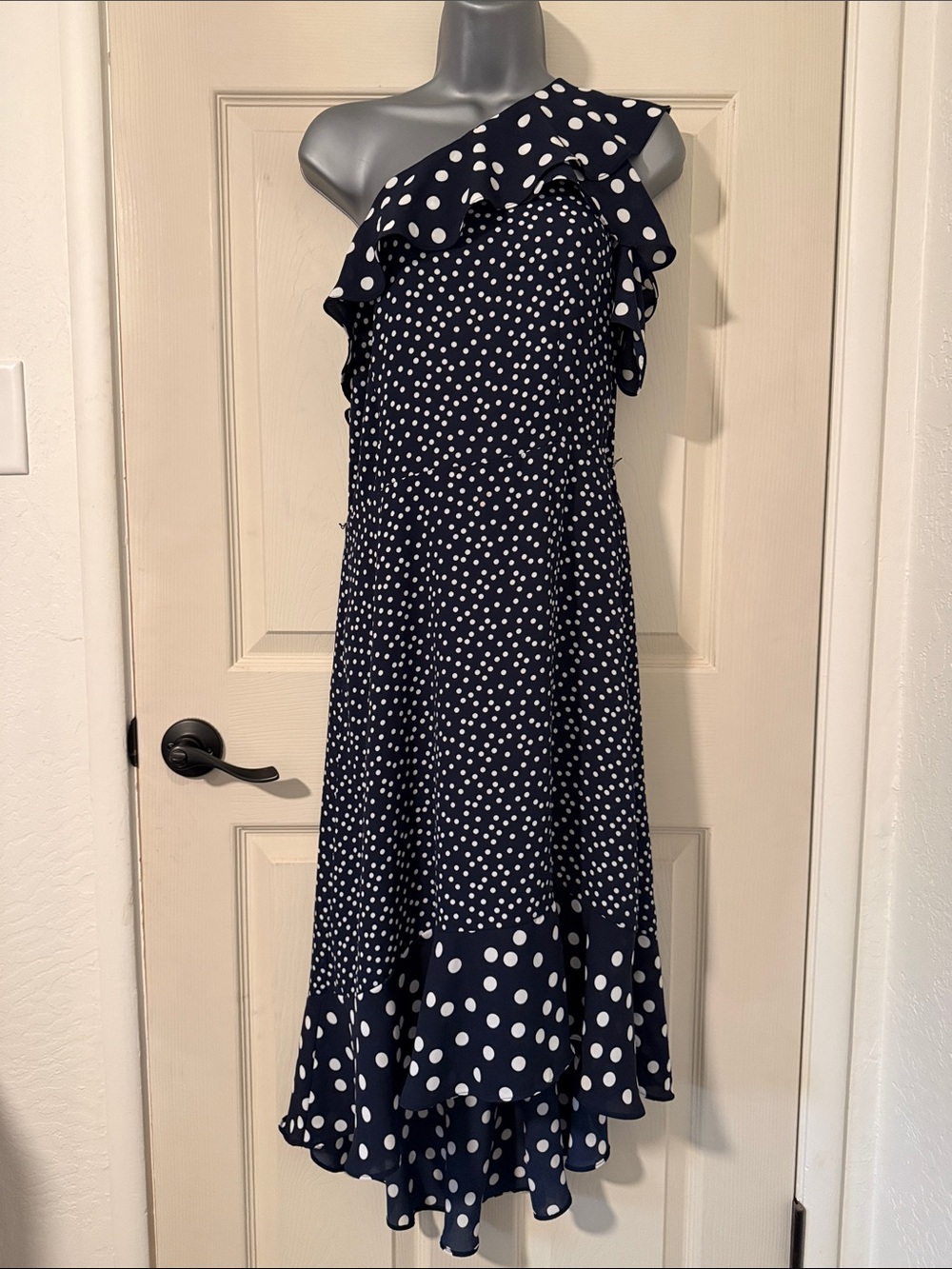a new day Navy and White Polka Dot One-Shoulder Dress